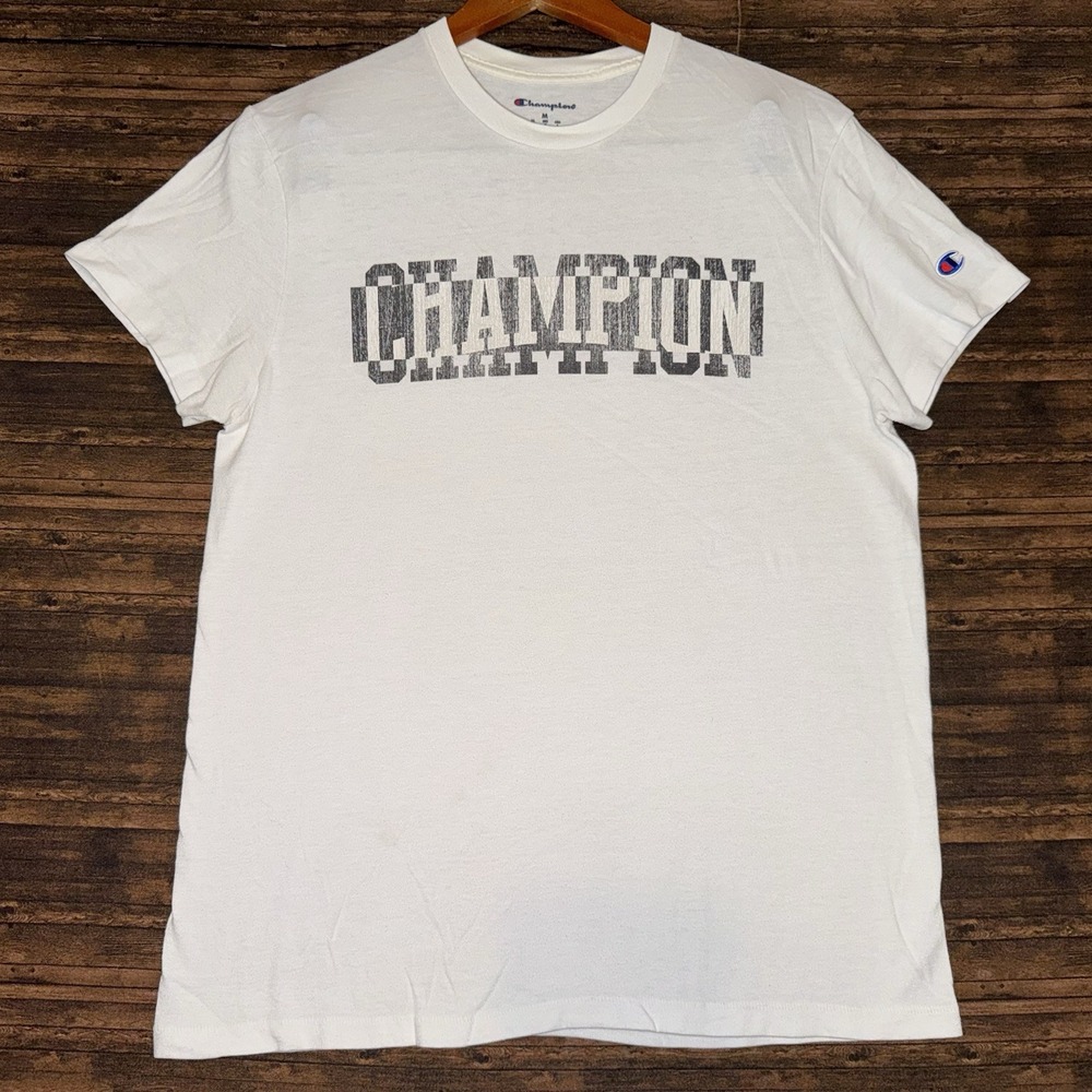 Champion Graphic White T-shirt Men's M Black Logo Athleisure Streetwear
